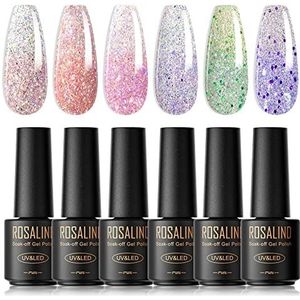 ROSALIND uv nagellak, glitter, 6 kleuren, mini-nagel, gel, thermo, uv-nagellakset, thermogel, soak voor gelnagels, soak off gel, lak voor uv-lamp