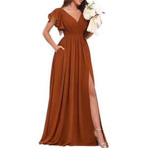 Chiffon bruidsmeisjesjurken voor dames, voor bruiloft, met split, avondgalajurken, cocktailjurken, grote maten, Verbrand Oranje, 32
