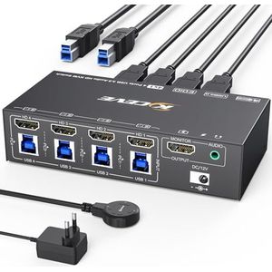 USB 3.0 KVM-switch HDMI 4-poorts 8K@60Hz, Camgeet 4 PC 1 Monitor HDMI KVM-switch, EDID-simulatie, voor 4 computers delen 1 monitor en 4 USB 3.0-poort, met bekabelde afstandsbediening, stroomadapter