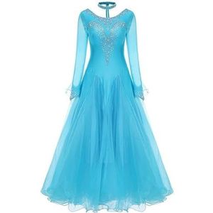 Yhsgscr Professionele balzaalrok met grote A lijn Feestelijke tangodanswedstrijdjurk voor dames Wals danskleding met lange mouwen Sociale kostuums met strass,Blauw,3XL