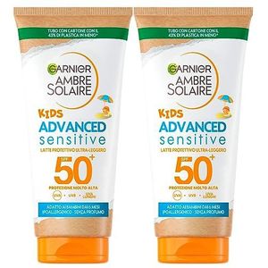Garnier Ambre Solaire Kids Advanced Sensitive SPF 50+ zonnemelk, zeer hoge bescherming, hypoallergeen, 2 flessen à 50 ml