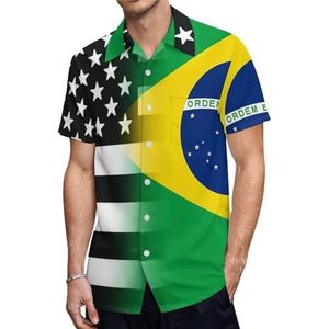 Zwart en wit USA Braziliaanse vlag heren korte mouw shirts casual button-down tops T-shirts Hawaiiaanse strand T-shirts 2XL