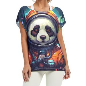 Cool Galaxy Art Panda Astronaut dames korte vleermuismouwen shirt ronde hals T-shirts losse tops voor meisjes, Patroon, XXL