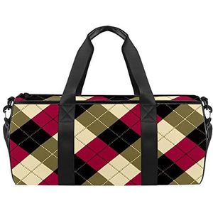 Voetbal met gras reizen duffle tas sport bagage met rugzak draagtas gymtas voor mannen en vrouwen, Rood zwart crème patroon geruite ruitjes, 45 x 23 x 23 cm / 17.7 x 9 x 9 inch