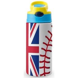 Engelse vlag honkbal 12 oz waterfles met rietje koffie beker water beker roestvrij staal reizen mok voor vrouwen mannen blauwe stijl