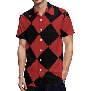 Rode en zwarte vierkanten heren shirts met korte mouwen casual button-down tops T-shirts Hawaiiaanse strand T-shirts 5XL