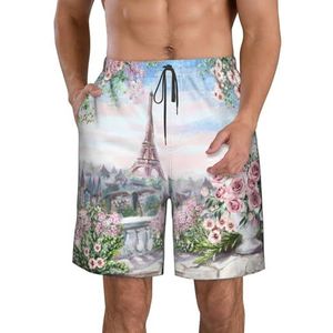 Parijs Eiffeltoren met bloemenprint heren zwembroek zwembroek heren sneldrogend ademend strand surfen zwembroek met zakken, Wit, XXL
