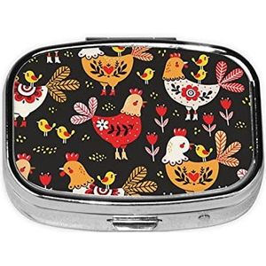 Mini vierkante pillendoos, medicijnorganizer, schattige hanenkippen, draagbare EHBO-doos, reispillendoos met 2 vakken, kleine pillendoos voor zak of portemonnee