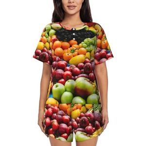 YJxoZH Groente Fruit Print Womens Zomer Pyjama Sets Nachtkleding Dames Korte Mouw Nachtkleding Pjs Lounge Met Zakken, Zwart, XXL