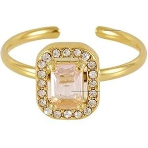 Damesbloemring roestvrij staal liefde vierkant dubbellaags diamant 18K ring live mond verstelbare zirkoonring (Color : Square [Pink]_Adjustable)