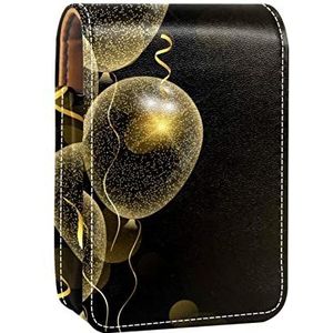 Draagbare Lipstick Case voor op reis, Mini Lipstick Opbergdoos met spiegel voor dames dames, Lederen Cosmetische Pouch Gouden Glitter Ballonnen, Meerkleurig, 9.5x2x7 cm/3.7x0.8x2.7 in