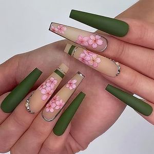 False Nails Green Natural Press on Nails Reusable Stick on Nails Ballerina Long Fake Nails 24pcs for Women and Girls