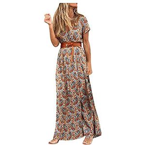 mothcattl Dames Boho V-hals Korte Mouw Paisley Print Riem Grote Zoom Strand Lange Jurk, Bruin, 3XL