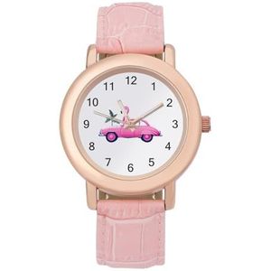 Flamingo Roze Auto Dames Elegant Horloge Lederen Band Horloge Analoog Quartz Horloges