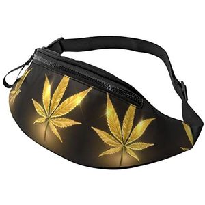 Gouden Cannabis Gedrukt Fanny Pack,Heuptas Pack Voor Mannen & Vrouwen, Heupheuptas Met Verstelbare Riem Voor Casual Reizen Wandelen, Zwart, One Size