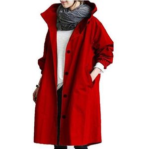 Kanpola Windbreaker voor dames, lange knopen, winterjas met lange mouwen, jas met zak, winter, elegante trenchcoat, losse pasvorm, mantel, outwear, rood, L