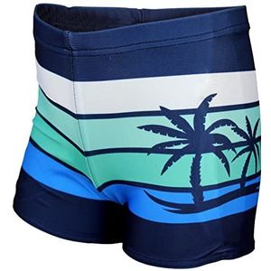 Aquarti Jongens Zwembroek Zwemboxer Gestreept met Motieven, Donkerblauw/Groen/Palmen, 134