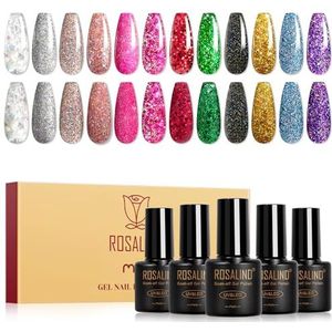 ROSALIND Uv-nagellak, 12 kleuren, glitter, zilver, roze, rood, zwart, paars, gelnagellakset