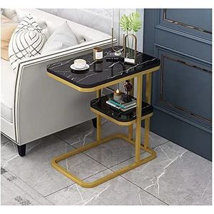 C-vormige smalle bijzettafel, nachtkastje, marmeren textuur, bureau met opbergplanken for een kleine woonkamer(Black 1)