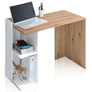 Omkeerbaar bureau met planken, bureau, opbergsysteem, model Kenia, afwerking in eiken Nodi en wit artikel, afmetingen: 100 cm (L) x 78 cm (H) x 52 cm (D)