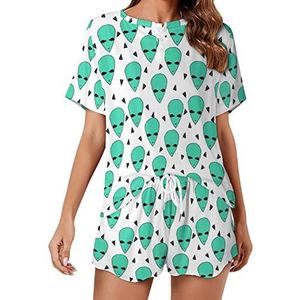 Groene Alien Head Zachte Womens Pyjama Korte Mouw Pyjama Loungewear met Zakken Gift voor Thuis Strand 4XL