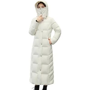 HGKPFGTG Winterjas Voor Dames met Afneembare Capuchon en Winddicht Gezichtsmasker Slim Fit Dikke Maxi-Donsjas,Wit,L