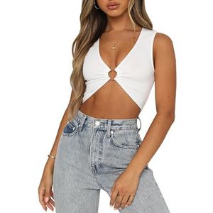 QKEPCY Vrouwen Sexy Mouwloze Crop Tops Diepe V-hals Workout Tops Plunge Ring Decolleté Bijgesneden Vest Tank Tops Bustier Corset, Wit S, S/L