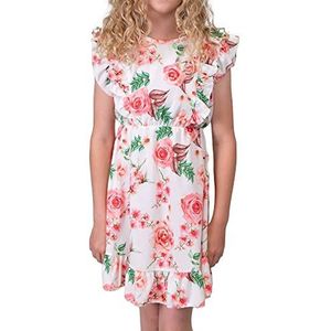 30383 Midi-jurk voor meisjes, met bladeren, bloemen, zomerjurk, strandjurk, feestjurk, wit, 116 cm