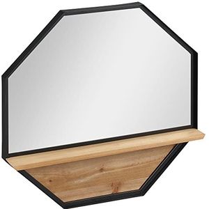 HOMCOM achthoekige wandspiegel, 61 x 61 cm hangende spiegel, woonkamerspiegel, halspiegel met plank in industrieel design voor slaapkamers, zwart