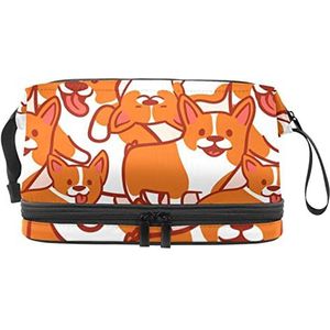 Multifunctionele opslag reizen cosmetische tas met handvat,Oranje Corgi hond patroon cartoon,Grote capaciteit reizen cosmetische tas, Meerkleurig, 27x15x14 cm/10.6x5.9x5.5 in
