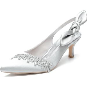 KYEGLO Satijnen Puntige Neus Korte Hakken Voor Dames - Gesloten Neus Met Strass Steentjes Kittenhak Sandalen, Bruidsmeisjesschoenen Voor Promfeest Bruiloft,Zilver,37