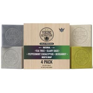 Viking Revolution - Mens Soap - 4 x 140 g - Variety Pack With Tea Tree, Clary Sage, Peppermint Eucalyptus, Bergamot - Mens Soap Bar with Essential Oils Cold Pressed - Coconut Oil, Shea Oil, Almond Oil