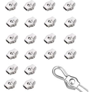20 Stuks Staaldraadklem, Staaldraad Roestvrijstalen Kabelklem, 304 Roestvrijstalen Staaldraadklem, voor Staaldraad, Staaldraadkabel, Zilverkleurig (M2, 15mm x 12mm, Zilver)
