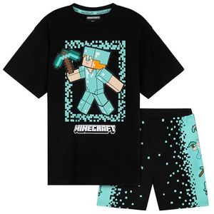 Minecraft Korte pyjamaset voor jongens, comfortabele katoenen loungekleding - cadeaus voor gamers (Zwart/Blauw, 9-10 Jaar)