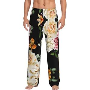 Crème Shabby Rose Bloem Mannen Lange Lounge Wear Broek Nachtkleding Pyjama Bottoms Nachtkleding Nachtkleding Met Zakken En Trekkoord, Wit, S