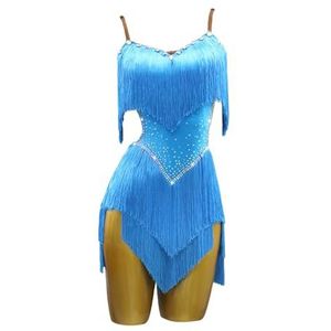 Gefranjerde Latijns-Amerikaanse Dansjurk For Vrouwen Met Strass Steentjes. Franje Solo Danskostuums Personalisatie.(Sky Blue A,XL)
