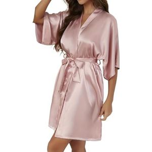 OZLCUA Satijnen Gewaad Effen Satijn Nachtjas Elegante Halve Mouw V-hals Huisgewaad Met Riem Vrouwen Nachtkleding Nachtkleding Badjas, roze, XL