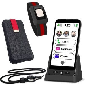 Amplicomms M510-C Smartphone 4G met grote toetsen voor senioren, die vooral de mobiele telefoon thuis gebruiken, met laadstation, SOS-armband, beschermhoes en draagriem, versie France-Benelux.