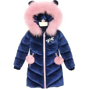 Kinderen Meisje Dikke Jas Winter Herfst Goud Fluwelen Mid-Lengte Kleding Donsjack Warme Kap Bont Rits Zakken Parka (130, Blauw)