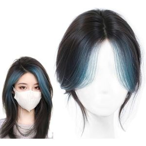 Haartoppers Met Blauwe Highlights Pony's 100% Echte Menselijke Haarstukken for Vrouwen 360° Dekking Franse Pony's Toupet 25 Cm Clip-in Haarextensies for Dunner Wordend Haar, Haaruitval, Grijs Haar