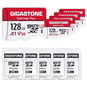 GIGASTONE Micro SD Card 128GB 5-Pack MicroSDXC Gaming Plus met 5x SD Adapter + 5x Mini-case, Geheugenkaart voor Nintendo Switch GoPro Dashcam beveiligingscamera 4K videocamera, 100MB/s UHS-I A1 V30 U3