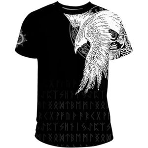 Nordic Odin Warrior Korte Mouw - Viking 3D Celtic Crow Vegvisir Bedrukte Rune Tattoo Paar Straatsport T-shirt - Zomer Strandfeest Sneldrogende Top (Color : Crow C, Size : XXL)