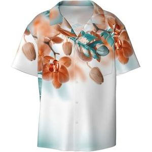 Teal en Oranje Orchidee Print Heren Jurk Shirts Atletische Slim Fit Korte Mouw Casual Business Button Down Shirt, Zwart, XXL