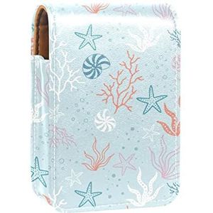 Make-up Lipstick Case voor Buiten Aquarel Zeewier Zeester Koraal Wit Blauw Conch Draagbare Lippenstift Organizer met Spiegel Dames Mini Make-up Tas Neemt Tot 3 Lippenstift