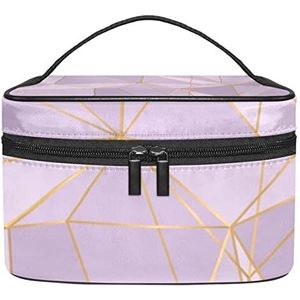 Abstract kristal kleurrijk polygoon patroon make-up tas voor vrouwen meisjes cosmetische tassen met handvat reizen make-up organizer tas, Geometrisch veelhoek patroon paars gouden lijn, 8.9x5.9x5.4 Inches, Make-up zakje