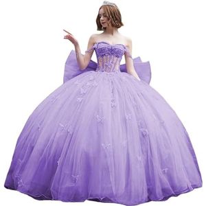 Fuomomo Quinceanera-jurk met dunne bandjes en vlinderglitter, Quinceanera-jurk met vlinders en grote strik, baljurk van kant met parels MT053, wisteria, 38
