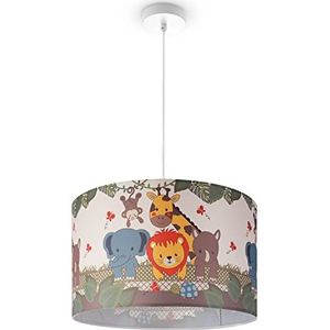 Paco Home Hanglamp Kinderkamer Stof Lampenkap Rond Jungle Dieren Jongen Meisje E27 Bont