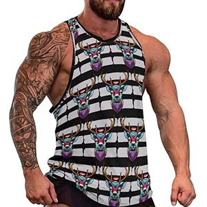 Kleurrijke Geometrische Rendier Hoofd Mannen Tank Top Mouwloos T-shirt Trui Gym Shirts Workout Zomer Tee