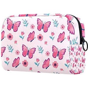 Meisje Cosmetische Tassen Dames Make-up Tas Toilettas Organizer Pouch met Rits 7.3x3x5.1 Inch Vlinders Patroon Roze