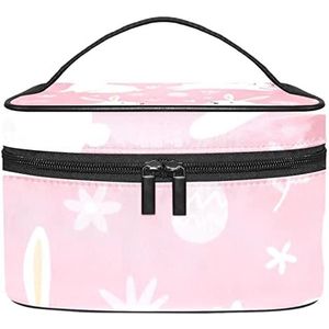 Vier witte konijn schattige konijn roze achtergrond make-up organizer tas, reizen make-up tas organizer case draagbare cosmetische tas voor vrouwen en meisjes toiletartikelen, Meerkleurig, 22.5x15x13.8cm/8.9x5.9x5.4in
